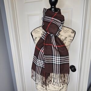 NWT Winter Scarf Long Cozy Brown Red White Plaid Cozy Neutral Unisex OS